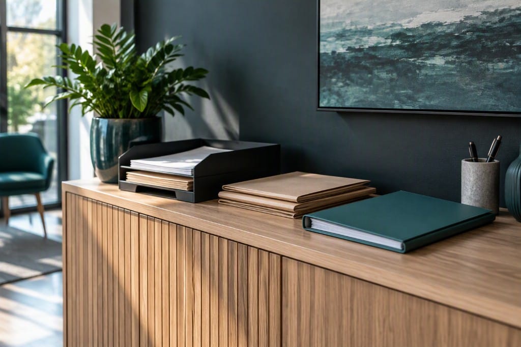 A document tray and folders on a wooden sideboard