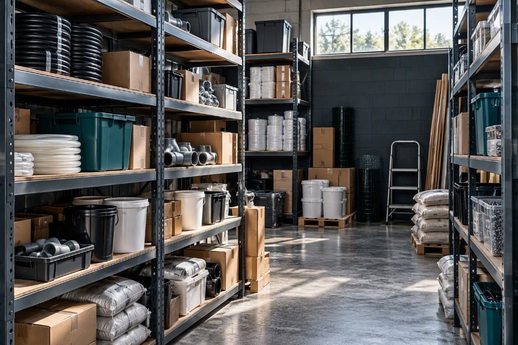 Shelves of stock in a small storeroom