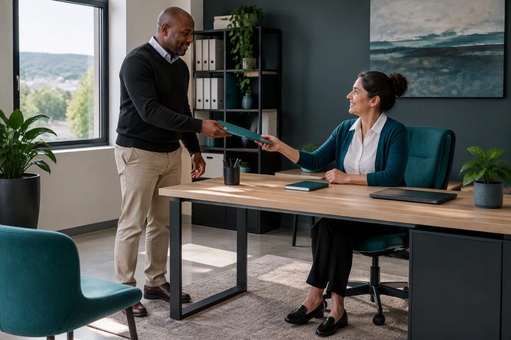 Two colleagues passing a closed folder across a desk